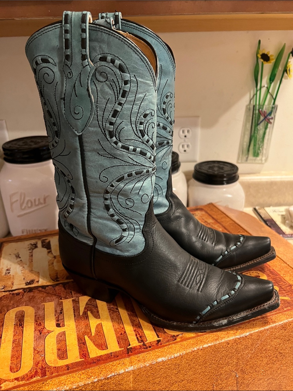 Tony Lama Black Foot Teal Embroidered Shaft Cowboy Boots - Picture 2 of 8